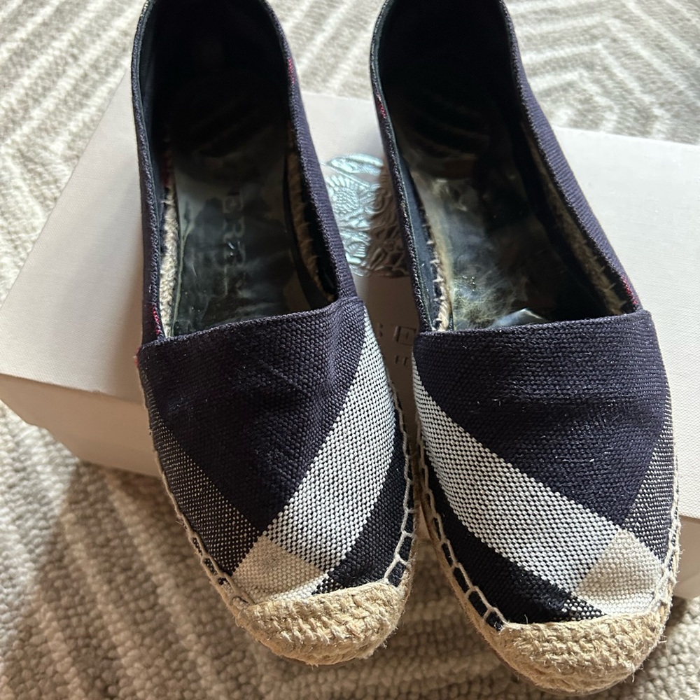 Navy Blue Checkered Burberry Flat Espadrilles